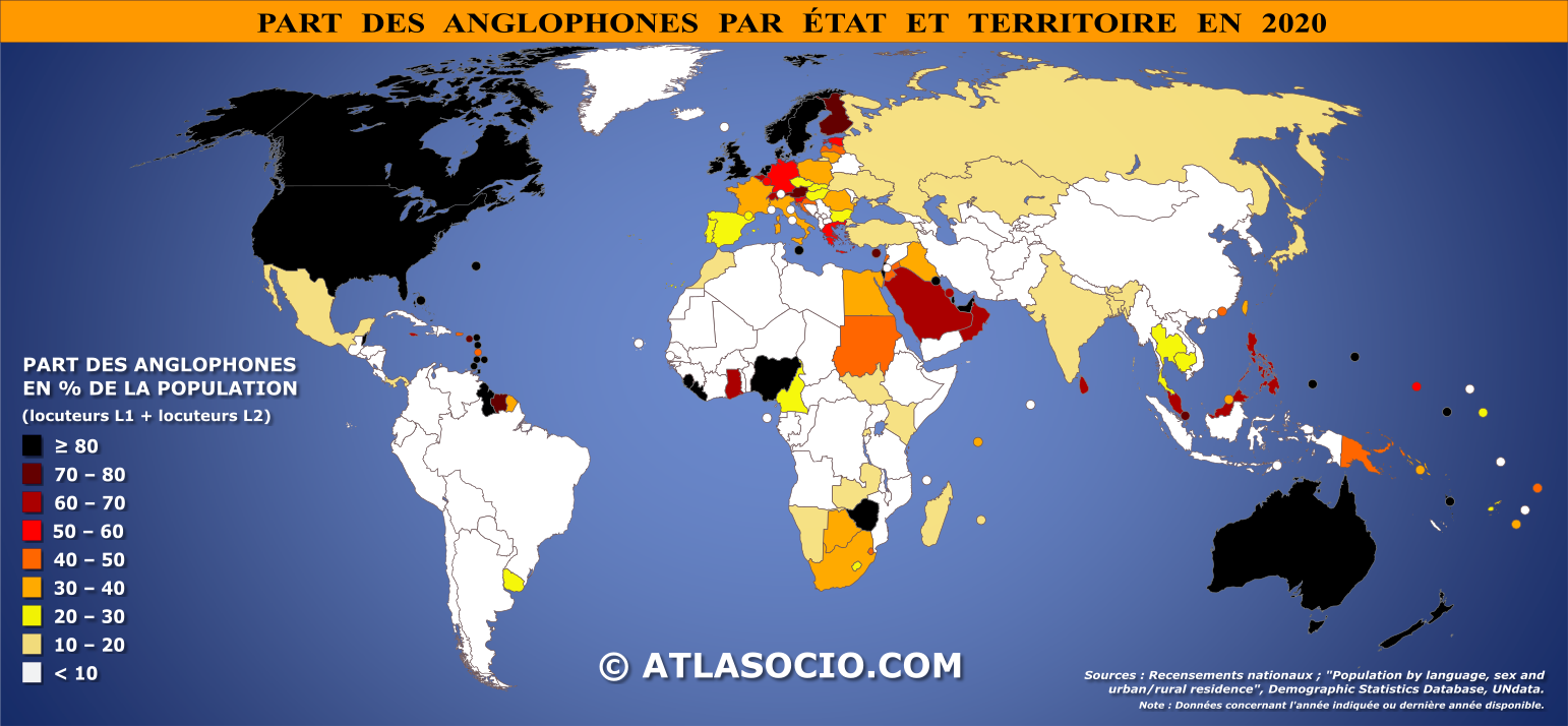 Carte du monde relative à la part des anglophones (% population) par État en 2020