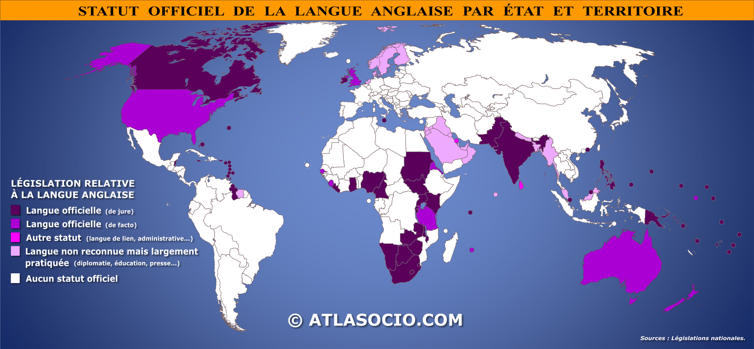 Carte du monde relative au statut de la langue anglaise par État
