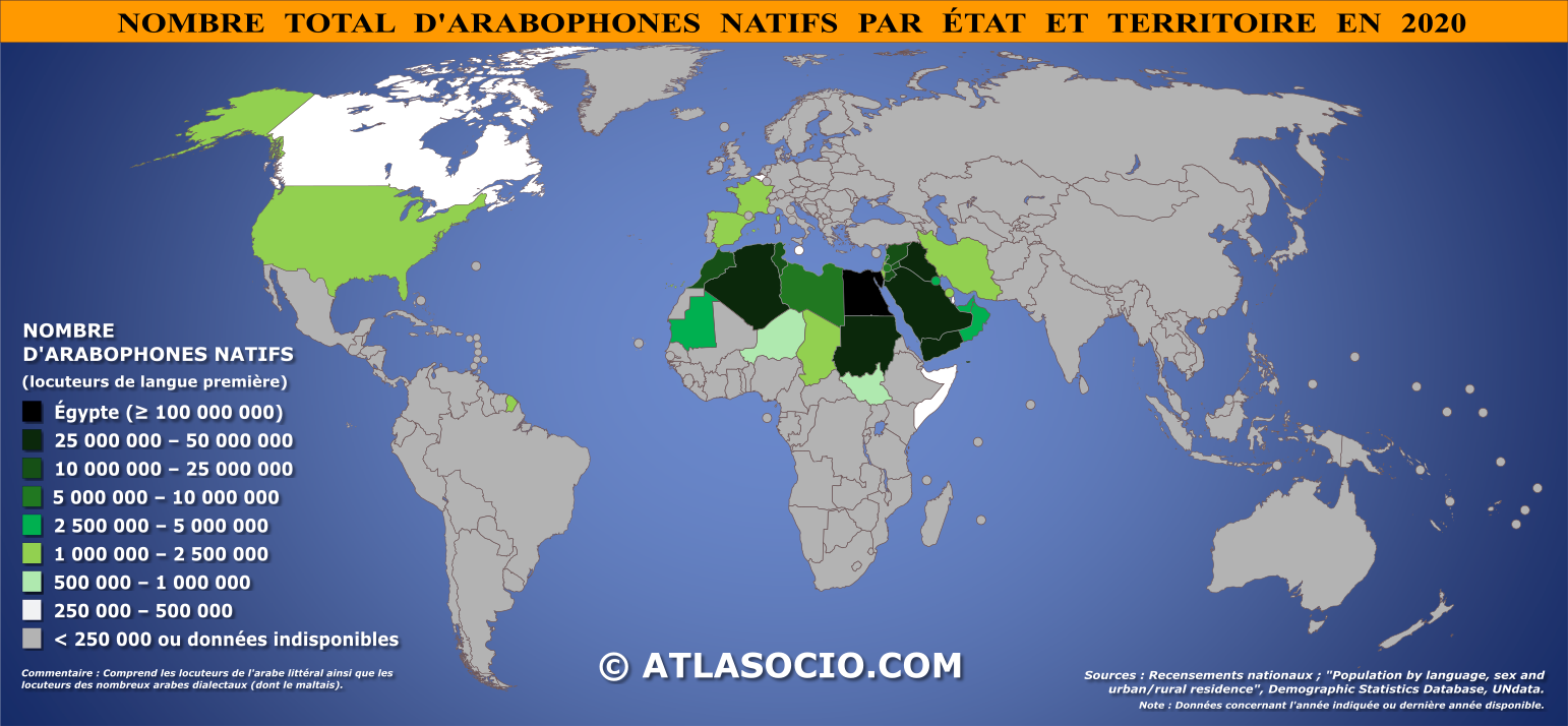 Carte du monde relative au nombre d'arabophones natifs par État en 2020