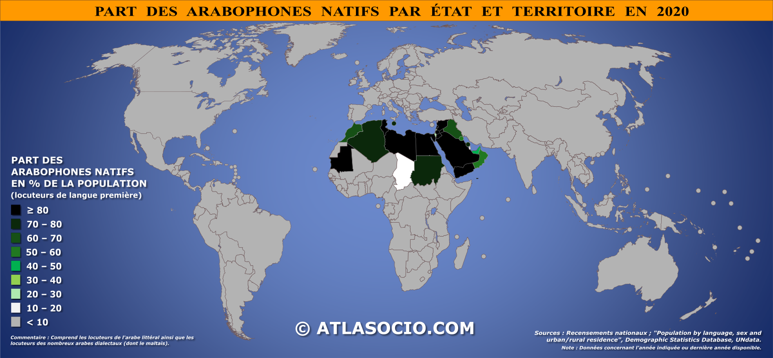 Carte du monde relative à la part des arabophones natifs (% population) par État en 2020