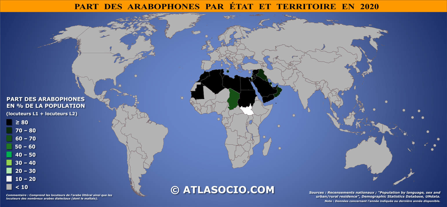 Carte du monde relative à la part des arabophones (% population) par État en 2020