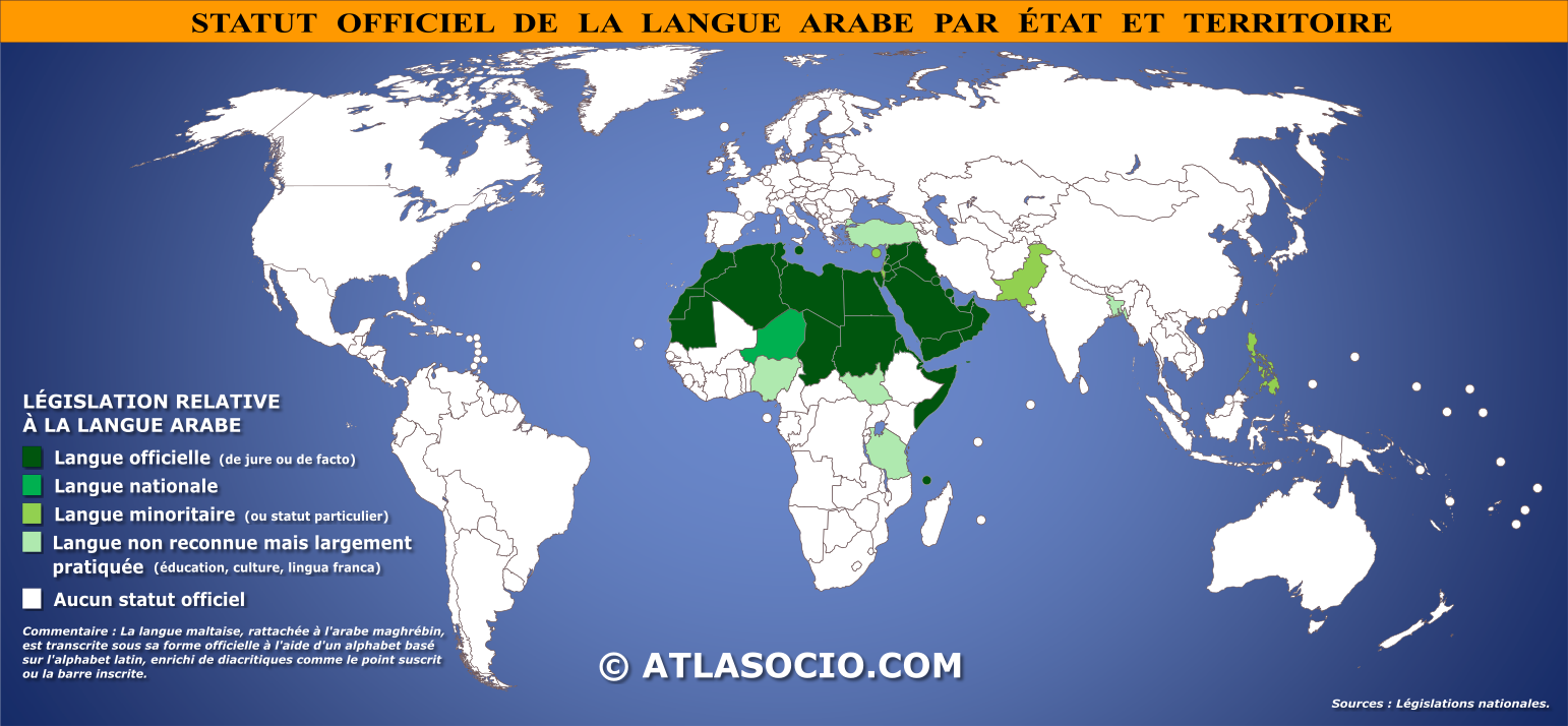 Carte du monde relative au statut de la langue arabe par État