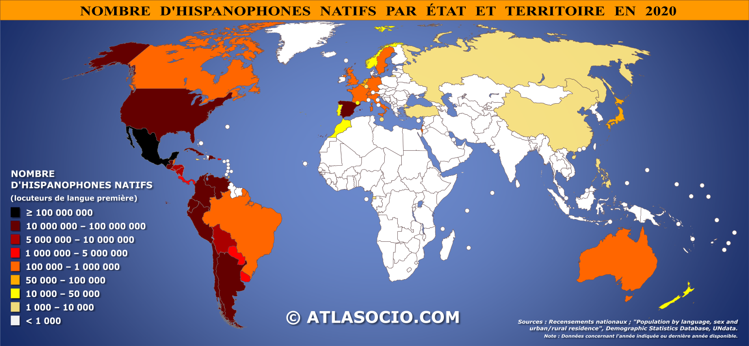 Carte du monde selon le nombre d'hispanophones natifs par État et territoire en 2020