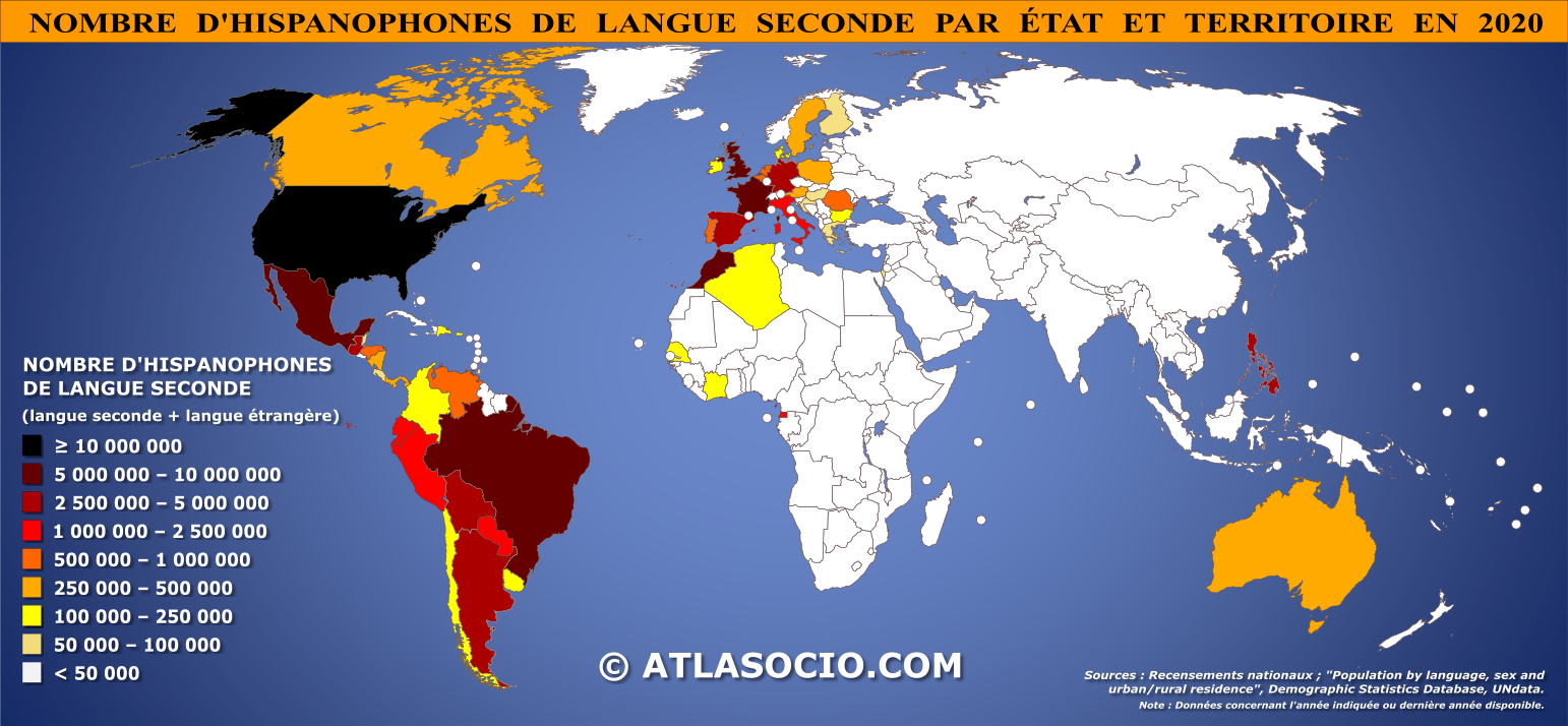 Carte du monde selon le nombre d'hispanophones de langue seconde par État et territoire en 2020