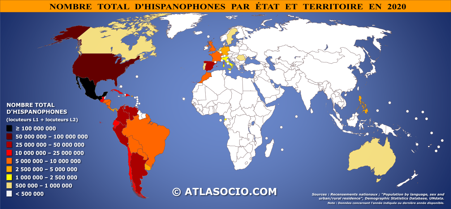 Carte du monde selon le nombre total d'hispanophones (L1 + L2) par État et territoire en 2020