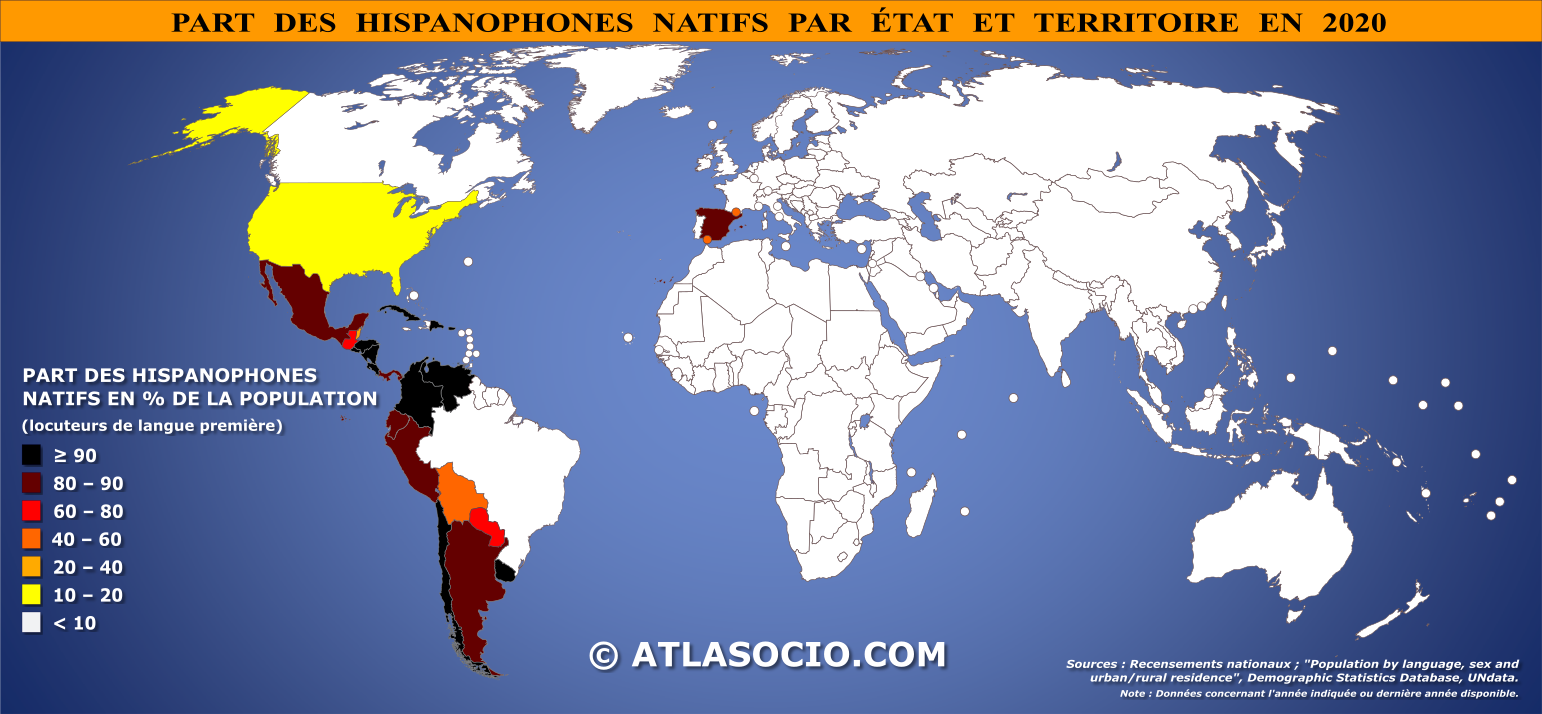 Carte du monde selon la part des hispanophones natifs (% de la population) par État et territoire en 2020