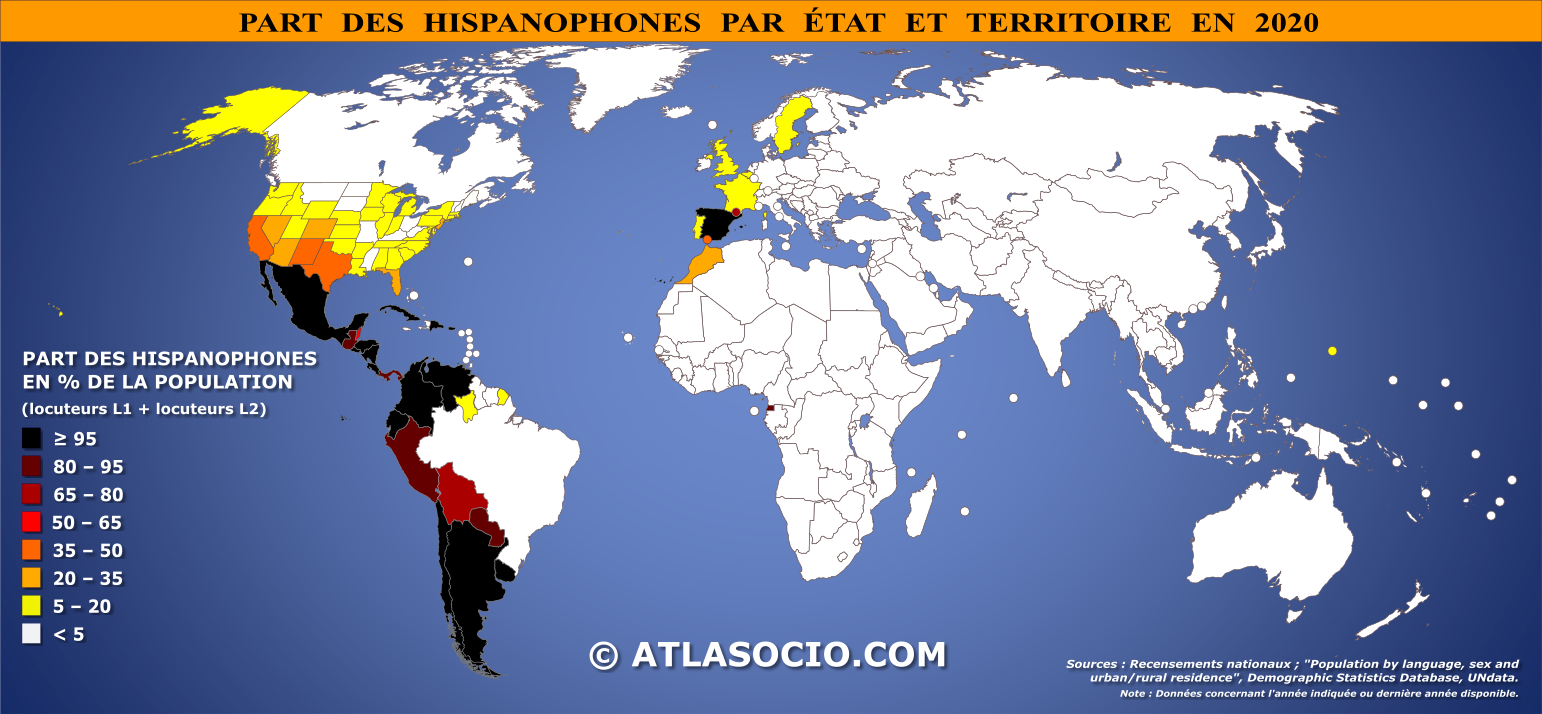 Carte du monde selon la part des hispanophones par État (détails États-unis et Brésil) en 2020