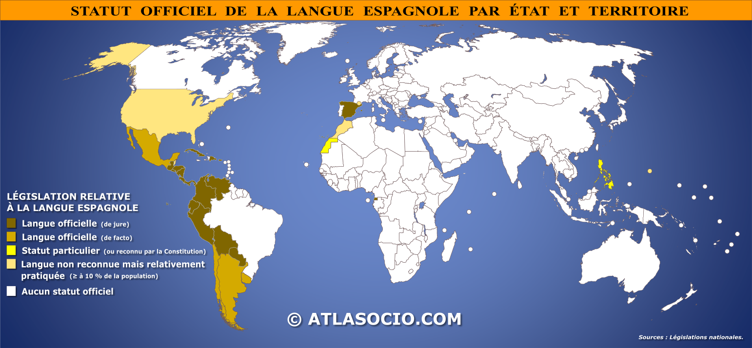 Carte du monde relative au statut de la langue espagnole par État