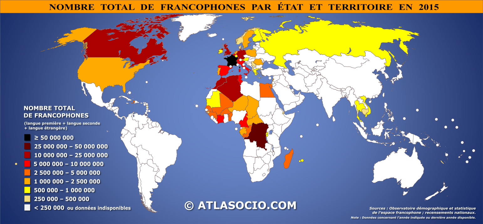 Carte du monde relative au nombre total de francophones par État en 2015