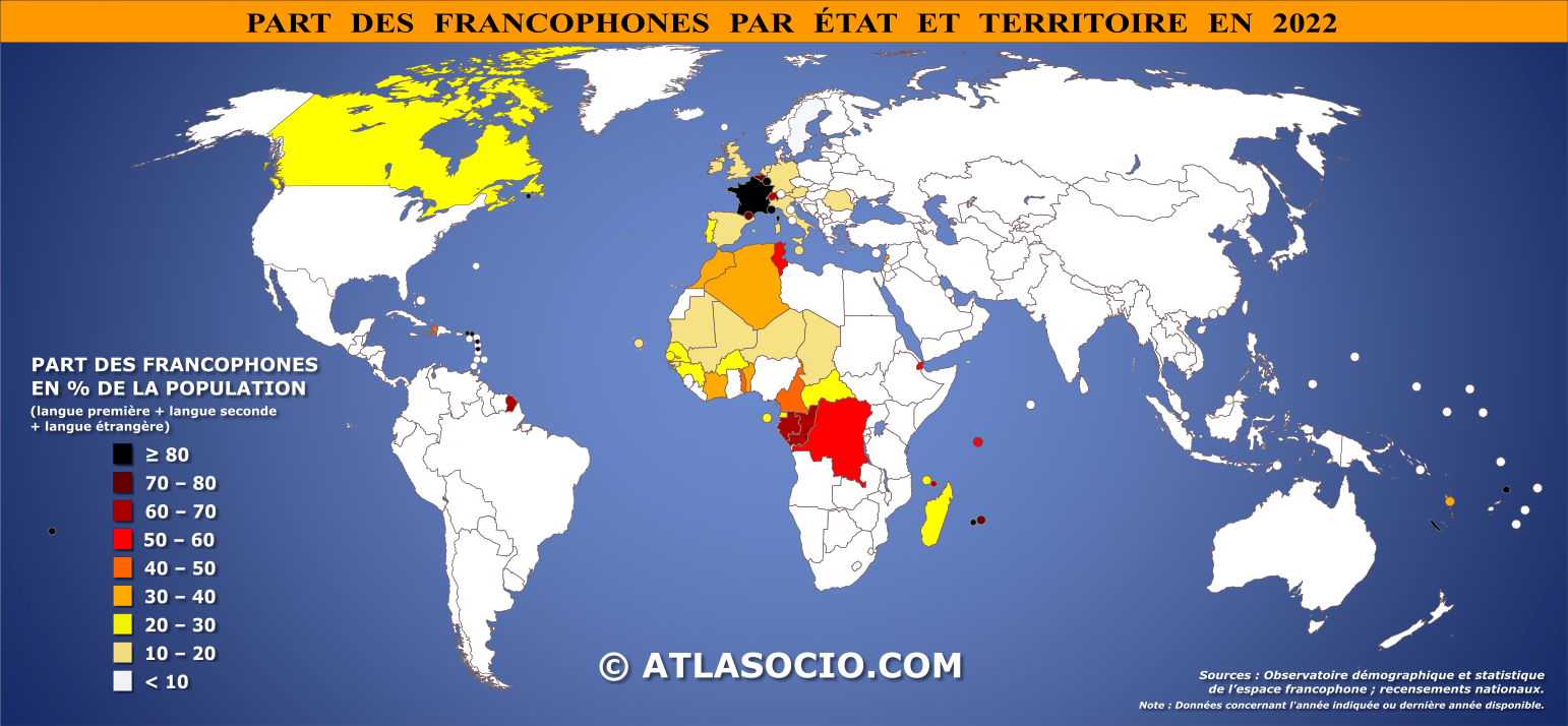 Carte du monde relative à la part des francophones (% population) par État en 2022