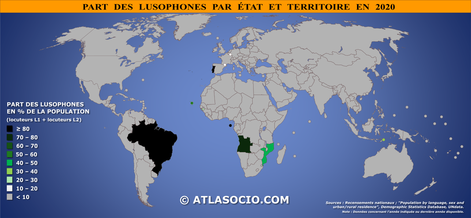 Carte du monde relative à la part des lusophones (% population) par État en 2020