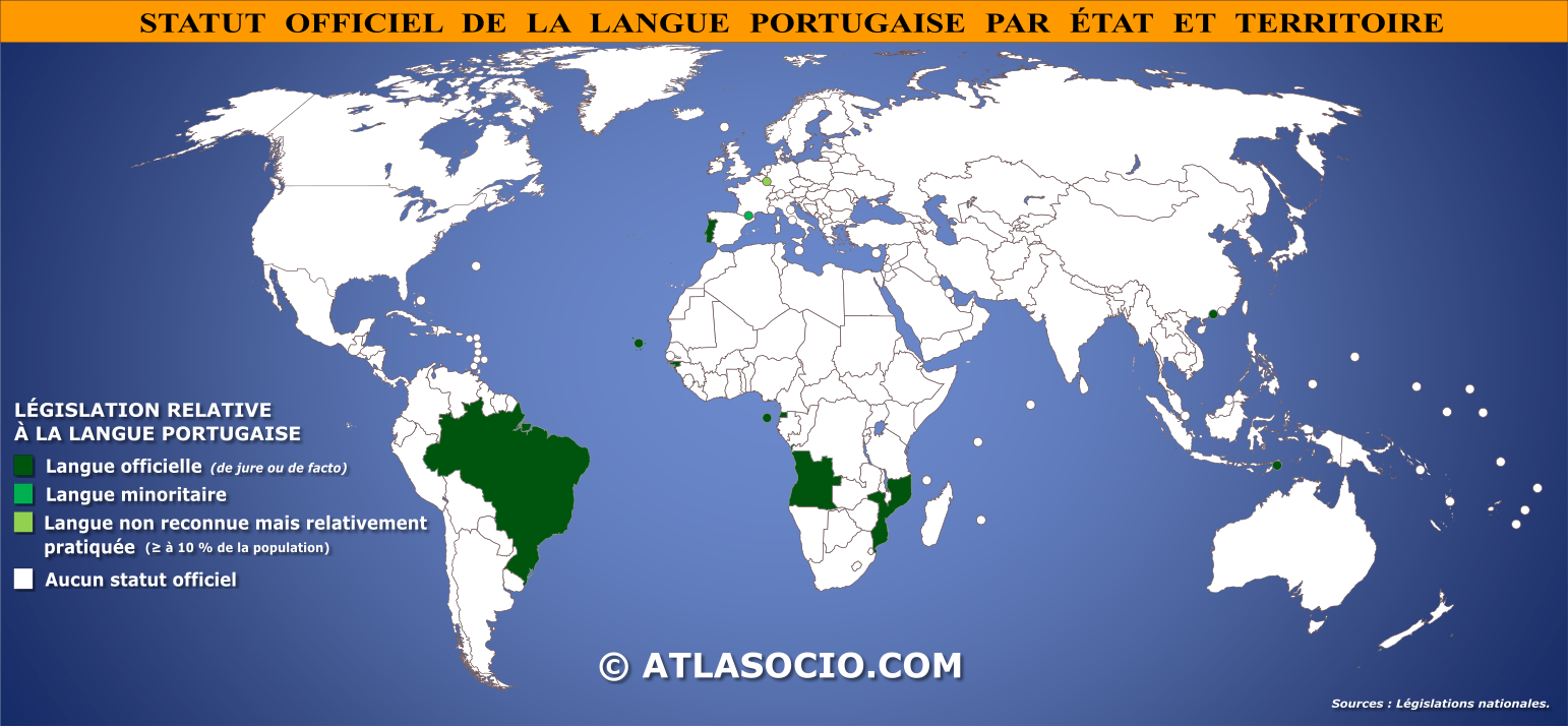 Carte du monde relative au statut de la langue portugaise par État