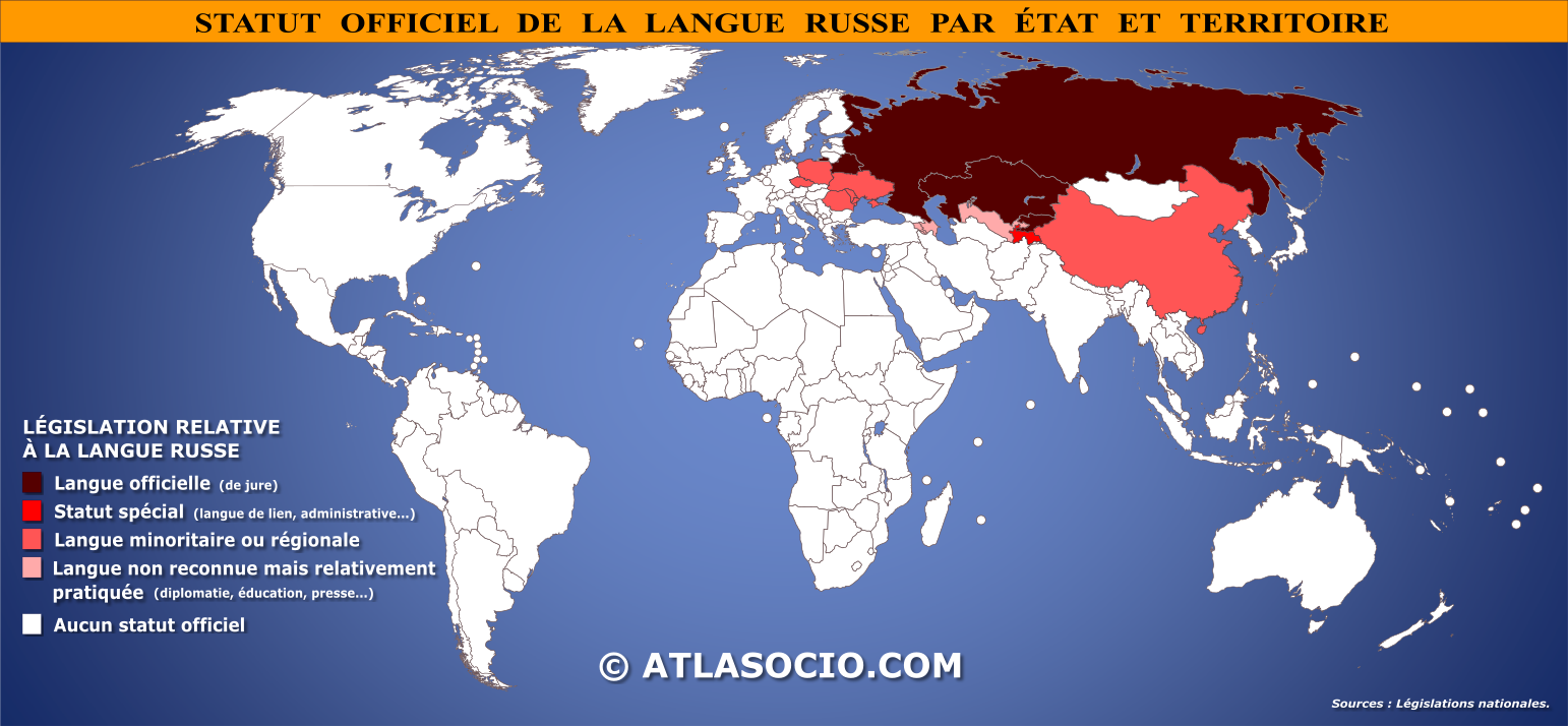 Carte du monde relative au statut de la langue russe par État