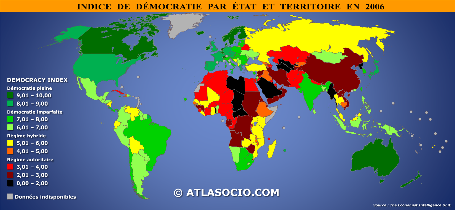 Carte du monde relative à l'indice de démocratie par État en 2006
