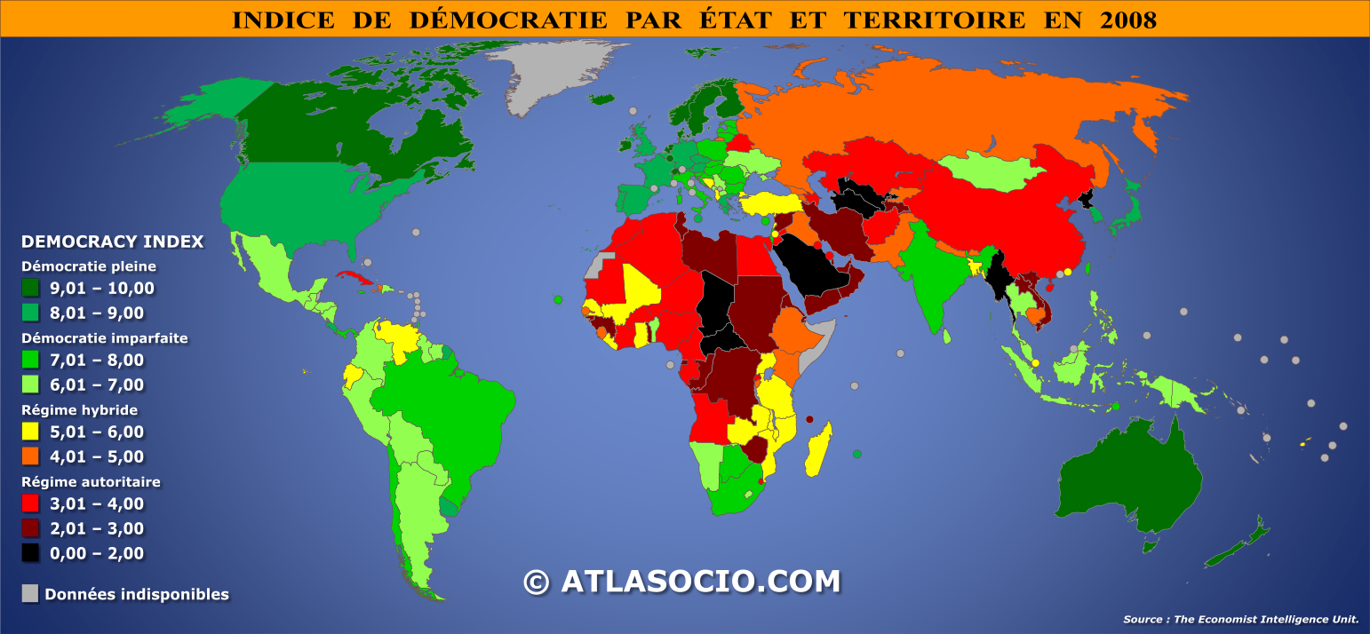 Carte du monde relative à l'indice de démocratie par État en 2008