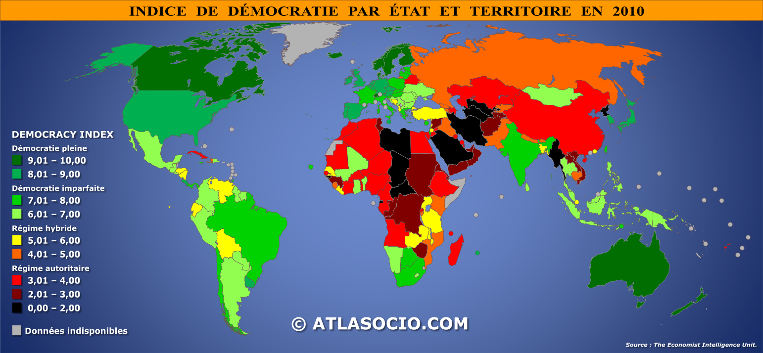 Carte du monde relative à l'indice de démocratie par État en 2010