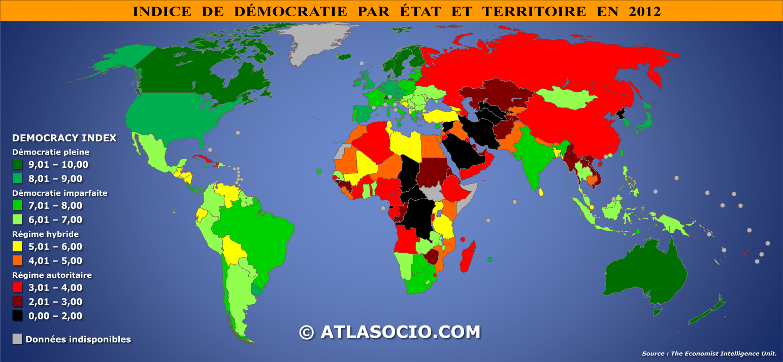Carte du monde relative à l'indice de démocratie par État en 2012