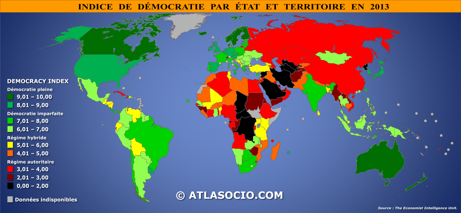 Carte du monde relative à l'indice de démocratie par État en 2013