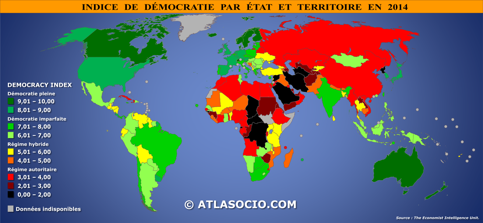 Carte du monde relative à l'indice de démocratie par État en 2014