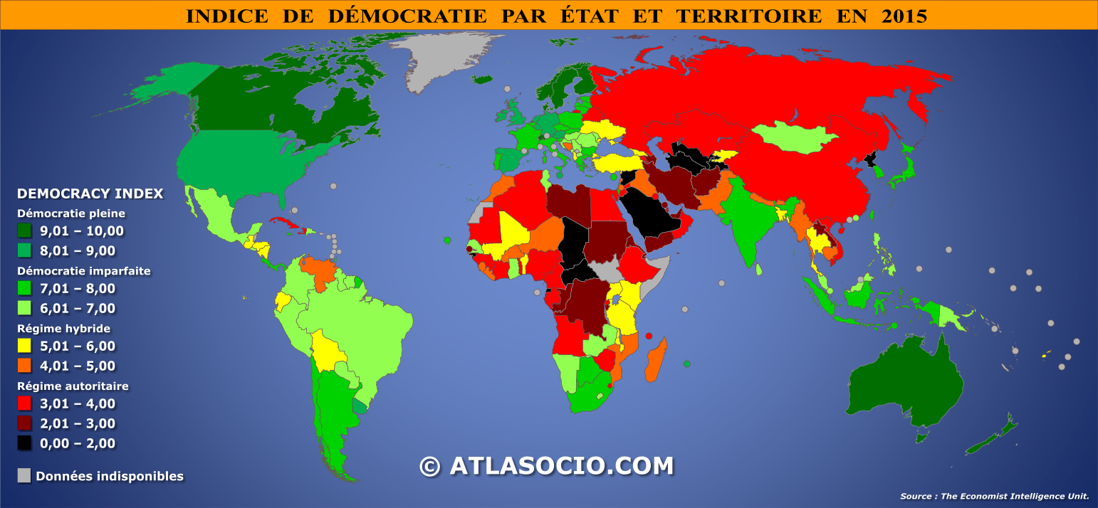 Carte du monde relative à l'indice de démocratie par État en 2015