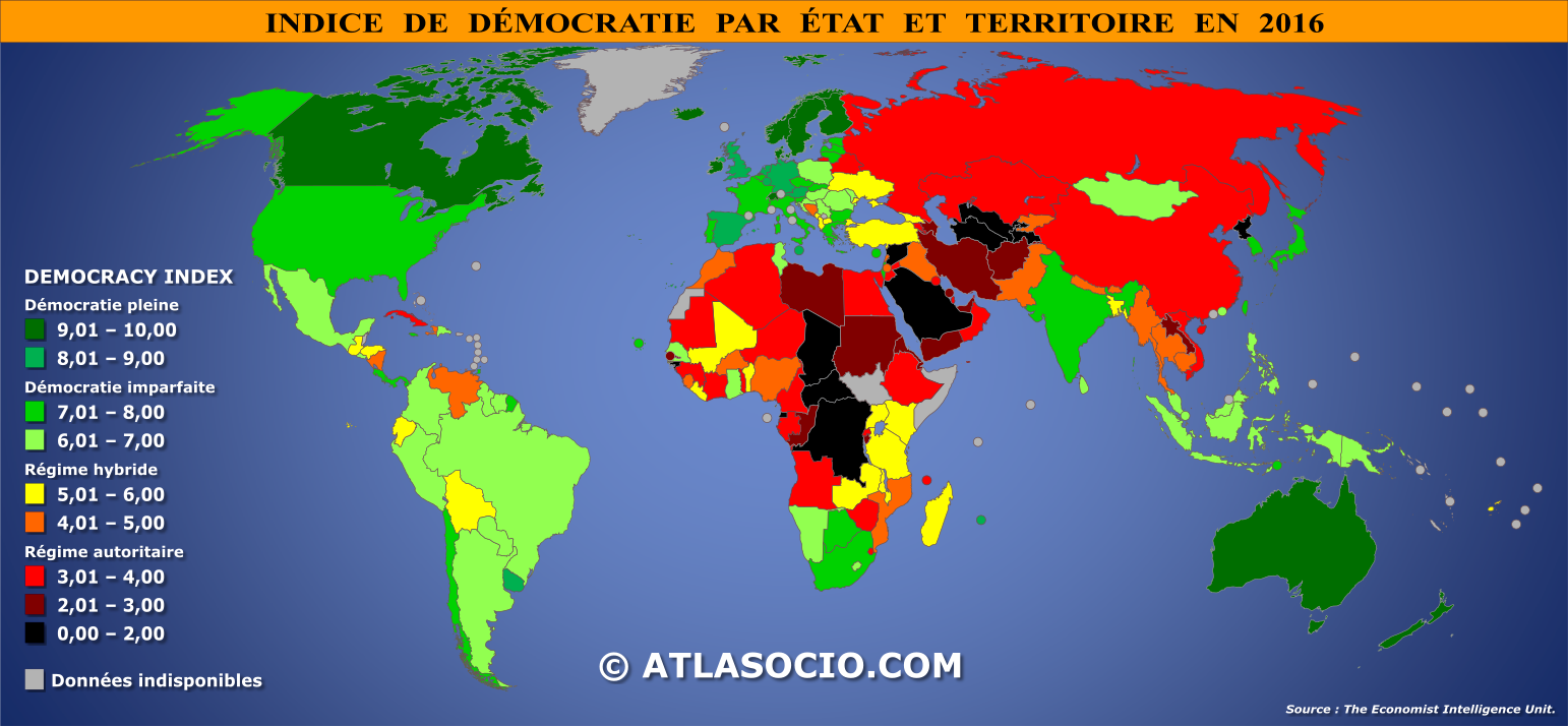 Carte du monde relative à l'indice de démocratie par État en 2016