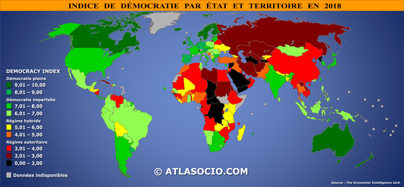 Carte du monde relative à l'indice de démocratie par État en 2018