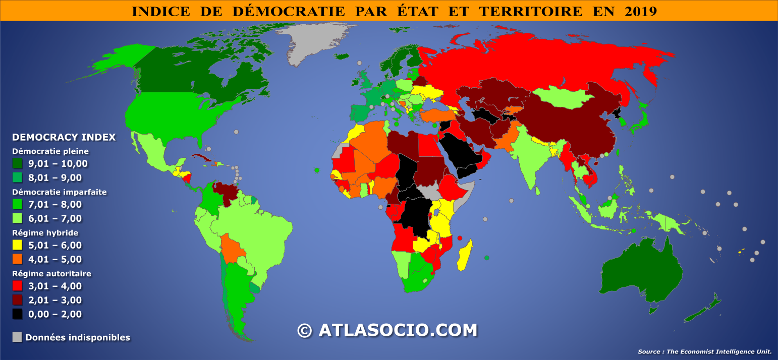 Carte du monde relative à l'indice de démocratie par État en 2019