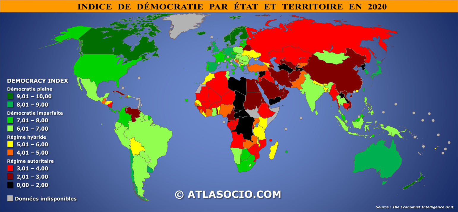 Carte du monde relative à l'indice de démocratie par État en 2020