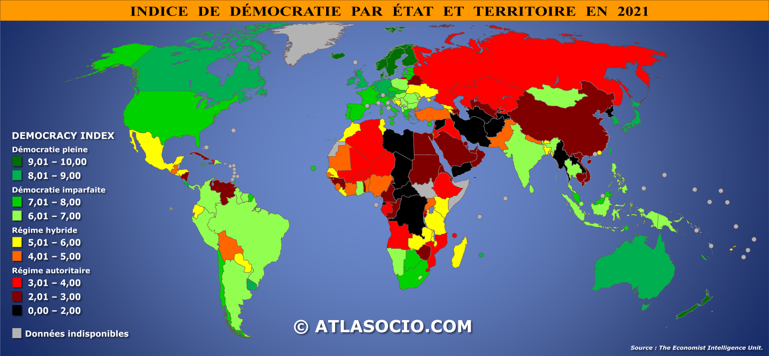 Carte du monde relative à l'indice de démocratie par État en 2021