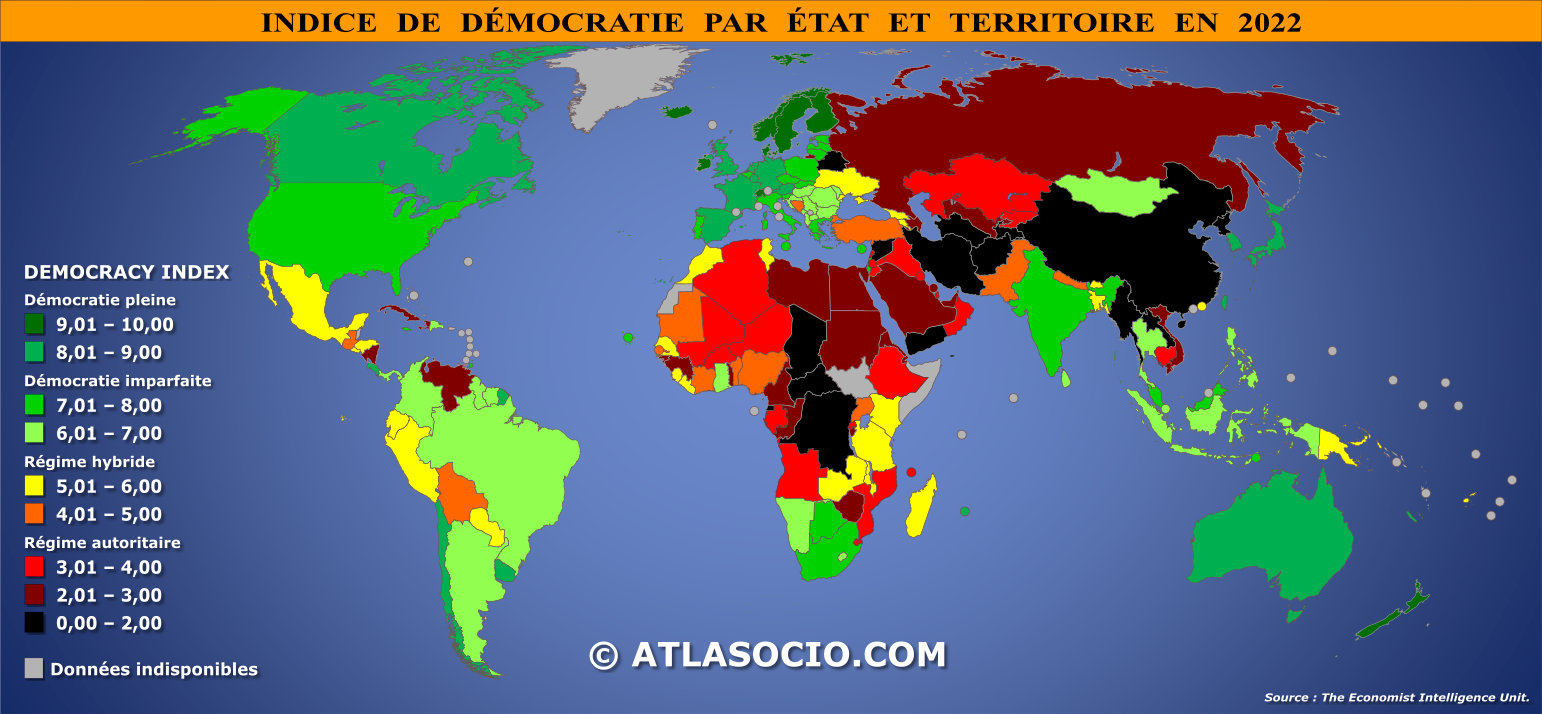 Carte du monde relative à l'indice de démocratie par État en 2022