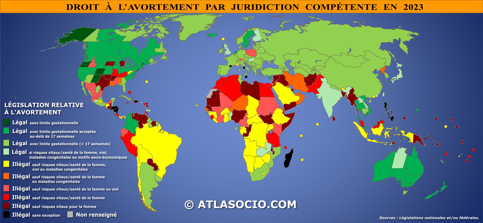 Carte du monde relative au droit à l'avortement par État en 2023