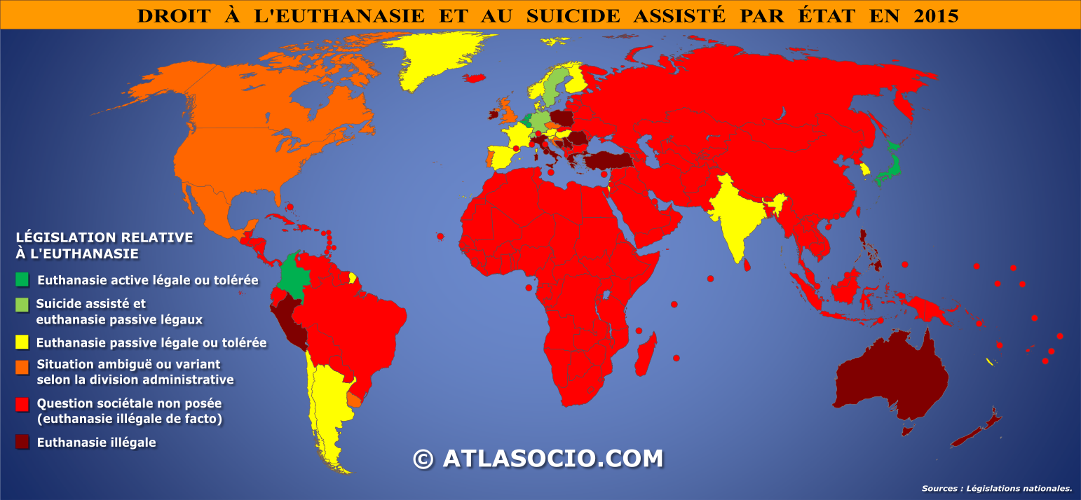 Carte du monde relative au droit à l'euthanasie par État en 2015
