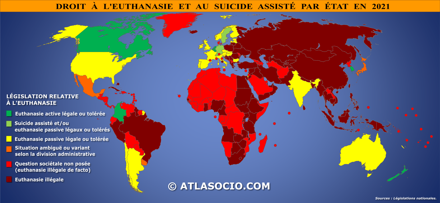 Carte du monde relative au droit à l'euthanasie par État en 2021