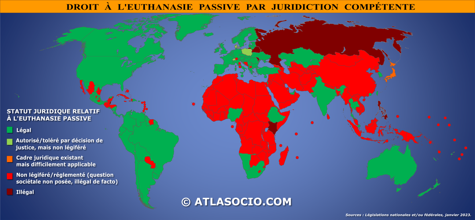 Carte du monde relative au droit à l'euthanasie passive par juridiction compétente