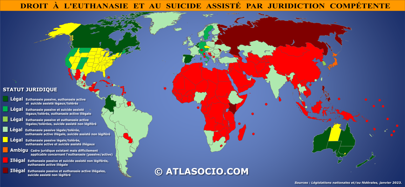 Carte du monde relative au droit à l'euthanasie et au suicide assisté par juridiction compétente