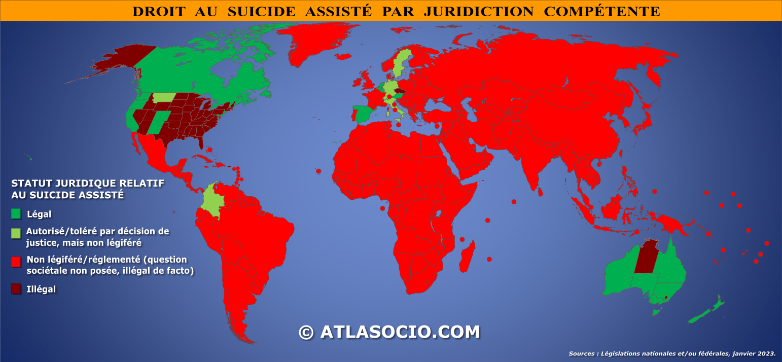Carte du monde relative au suicide assisté par juridiction compétente
