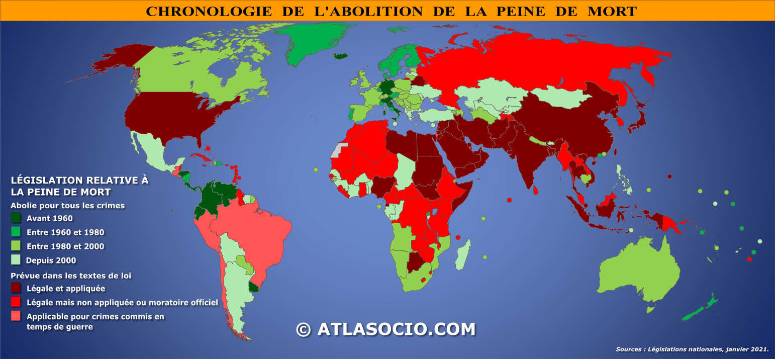 Carte du monde relative à la chronologie de l'abolition de la peine de mort (MAJ janvier 2021)