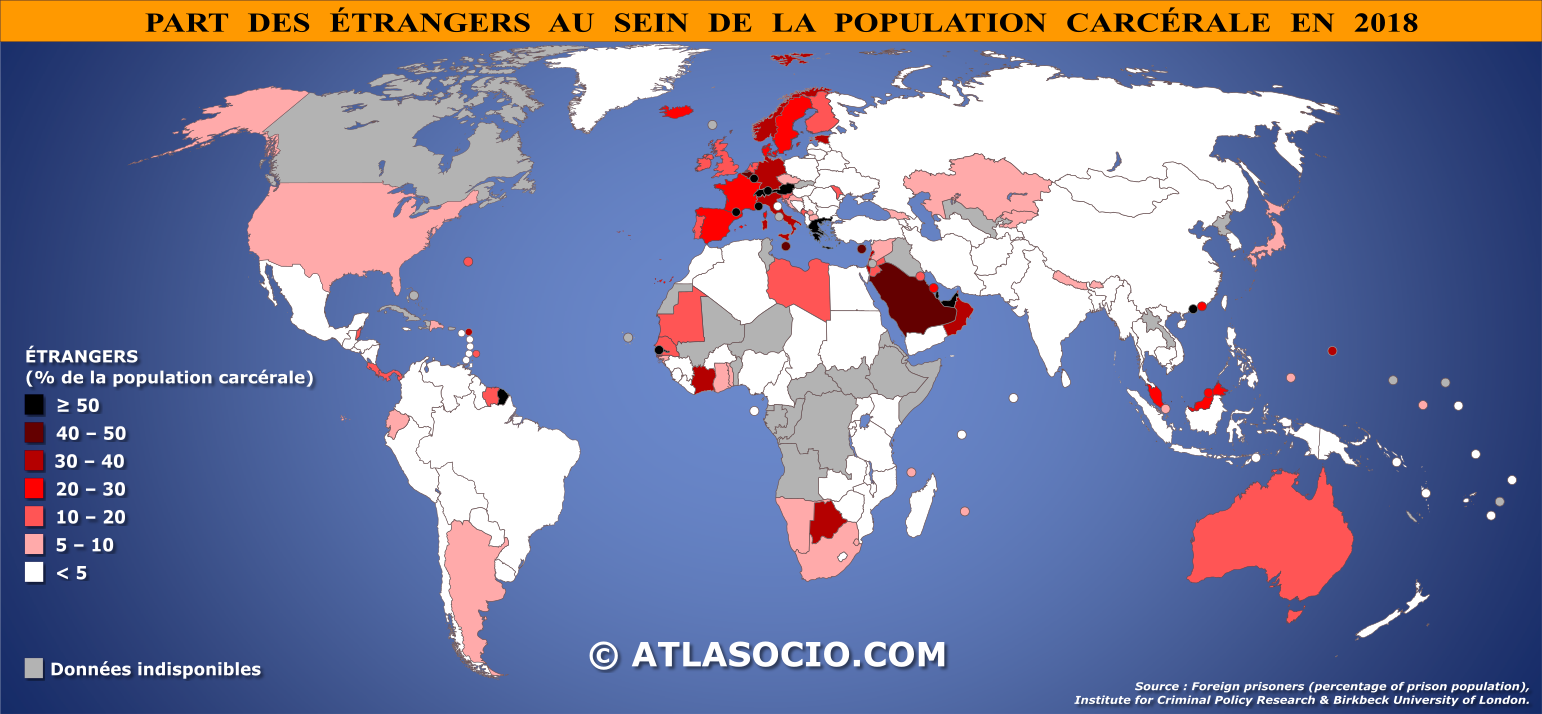 Carte du monde relative à la proportion d'étrangers au sein de la population carcérale en 2018
