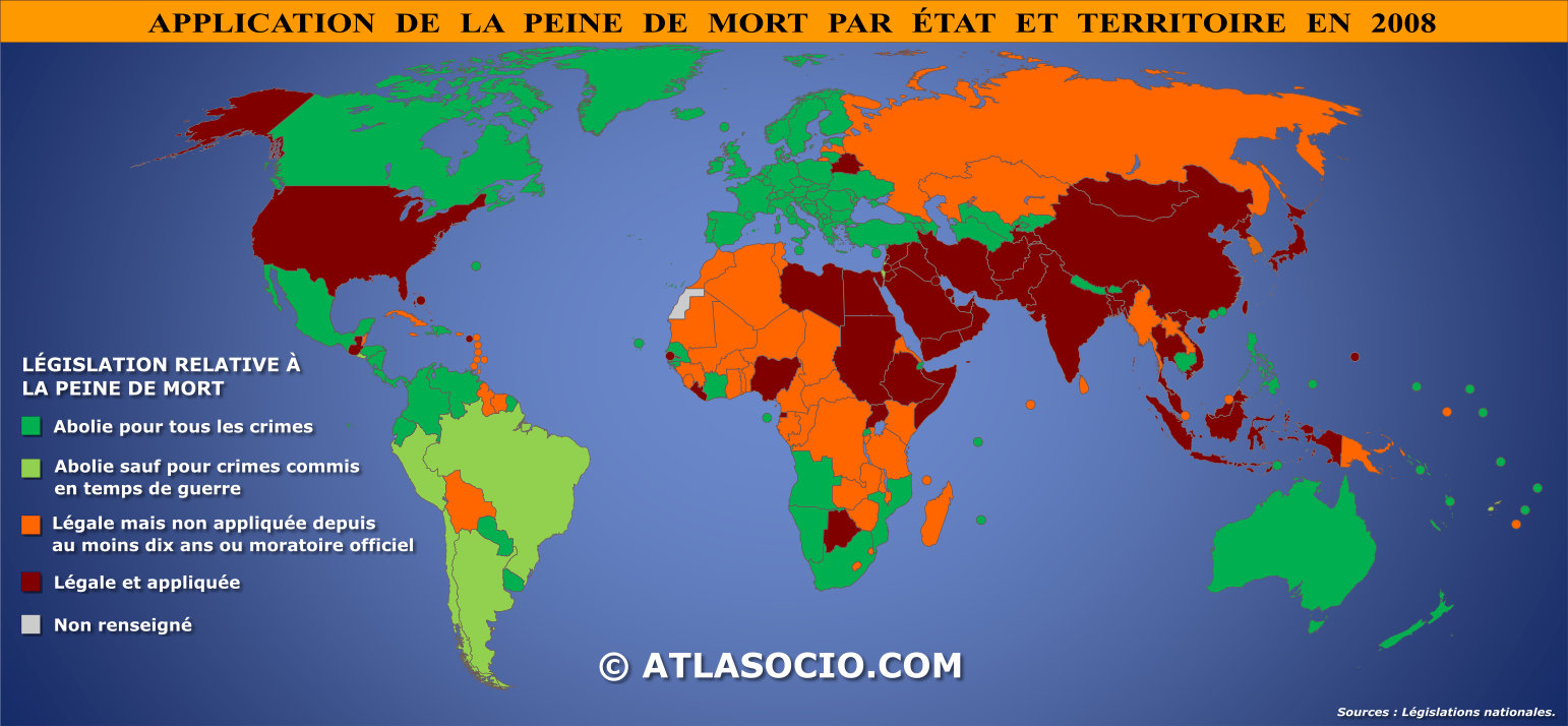 Carte du monde relative à l'application de la peine de mort par État en 2008