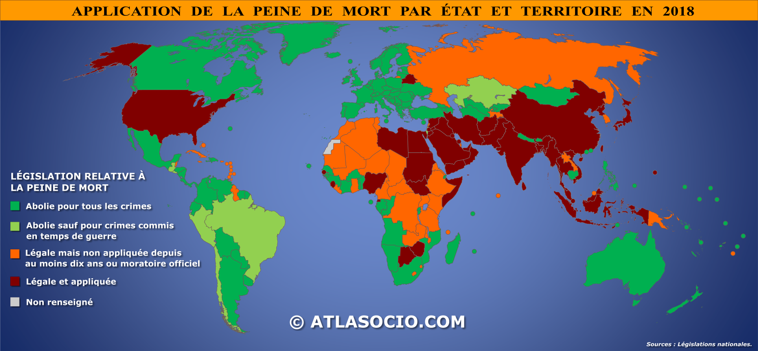 Carte du monde relative à l'application de la peine de mort par État en 2018
