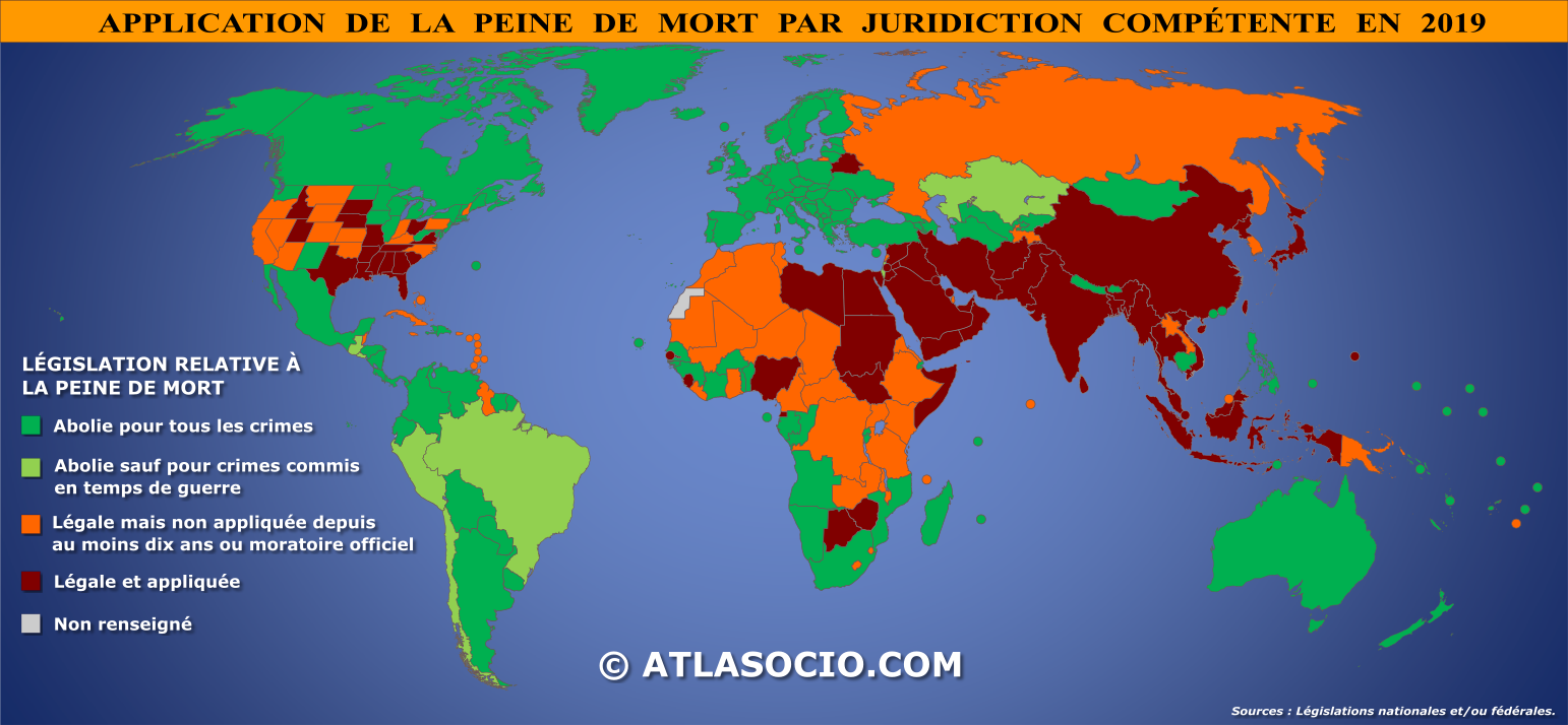 Carte du monde relative à l'application de la peine de mort par État en 2019