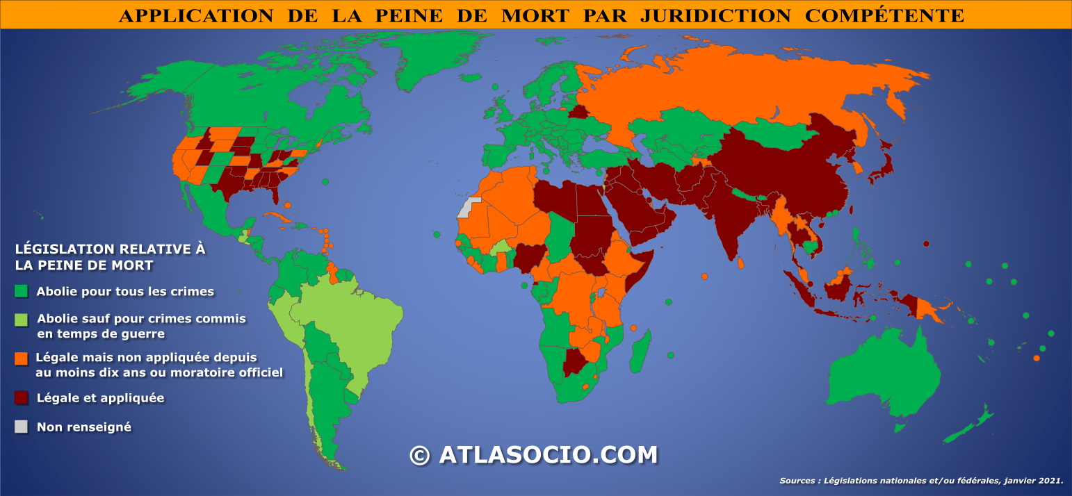Carte du monde relative à l'application de la peine de mort par juridiction compétente (MAJ janvier 2021)