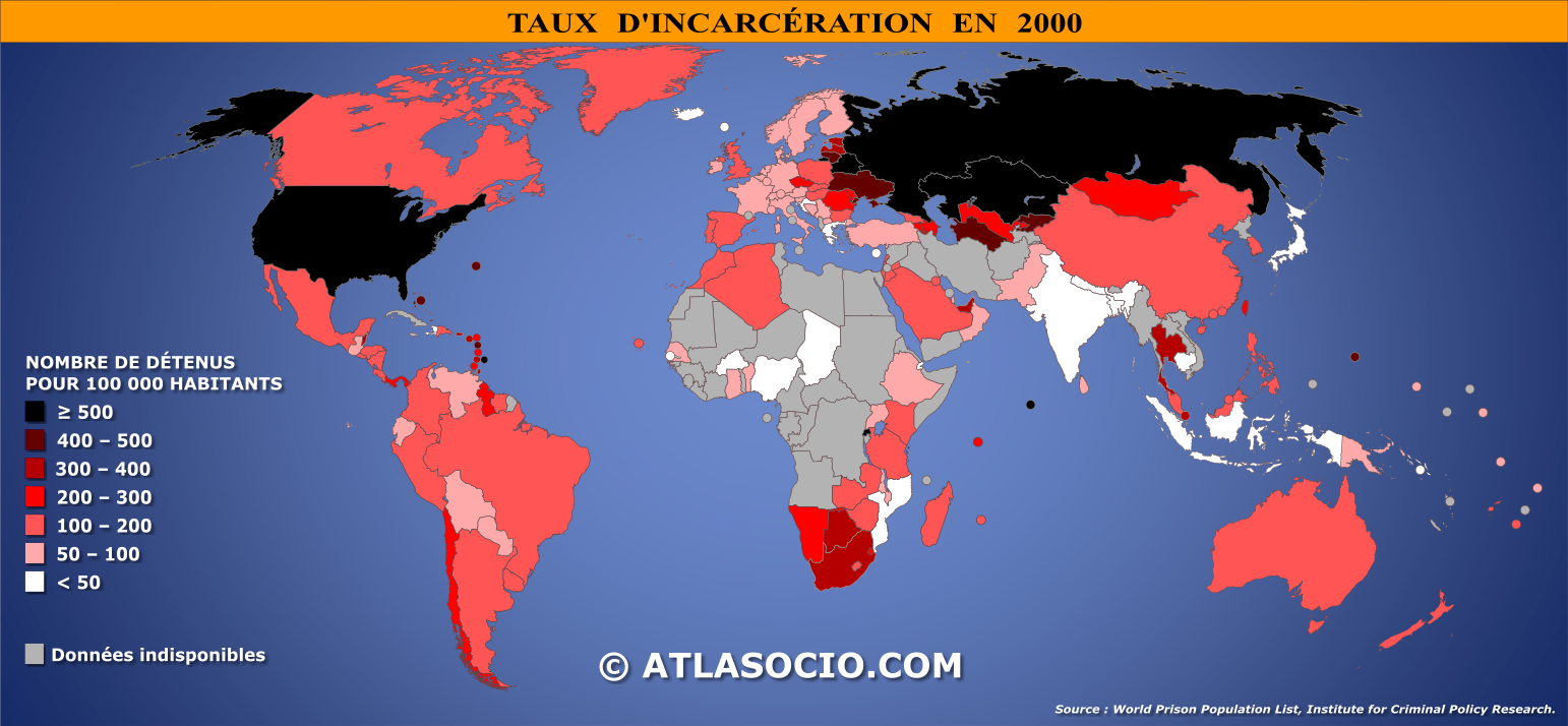 Carte du monde relative au taux d'incarcération par État en 2000