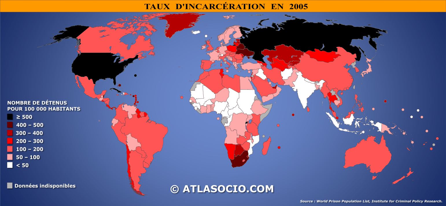 Carte du monde relative au taux d'incarcération par État en 2005