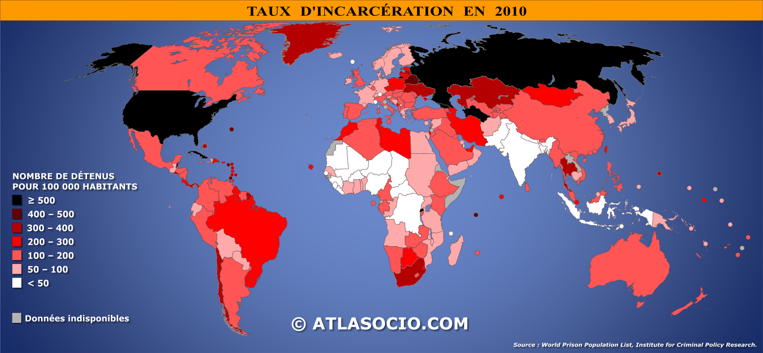 Carte du monde relative au taux d'incarcération par État en 2010