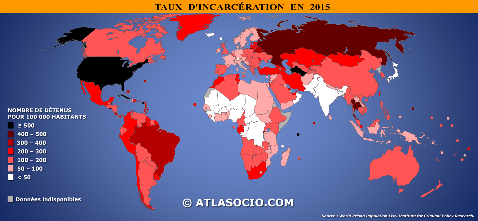 Carte du monde relative au taux d'incarcération par État en 2015