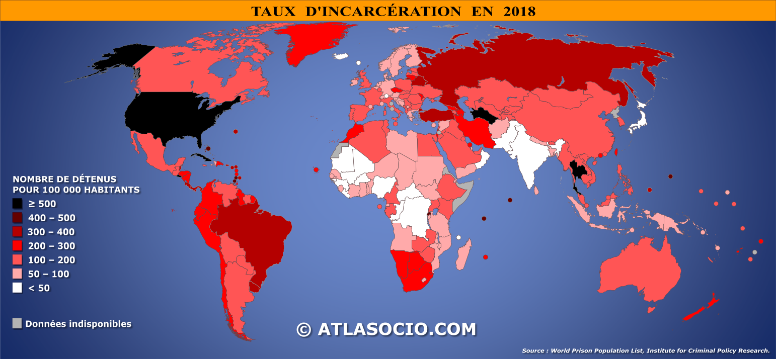 Carte du monde relative au taux d'incarcération par État en 2018