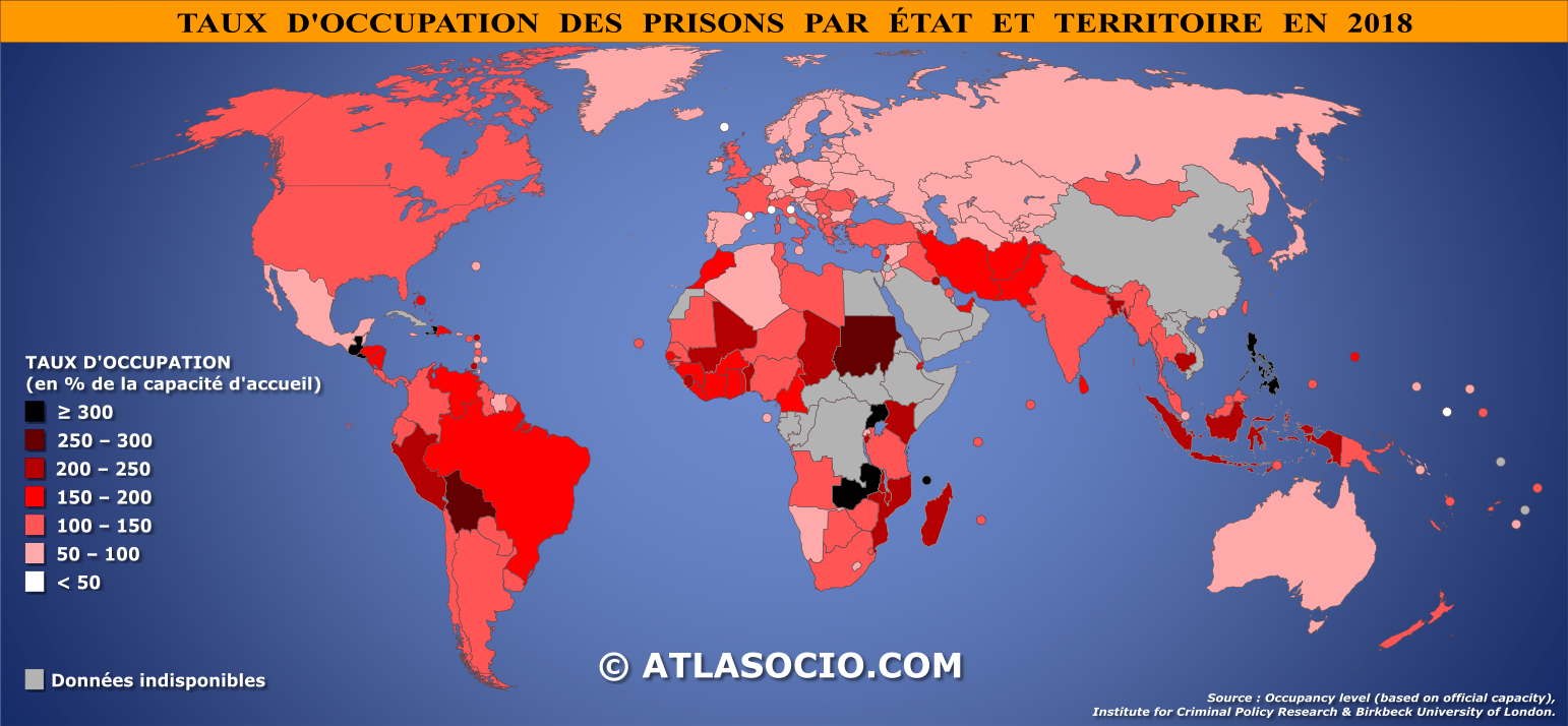 Carte du monde relative au taux d'occupation des prisons par État en 2018