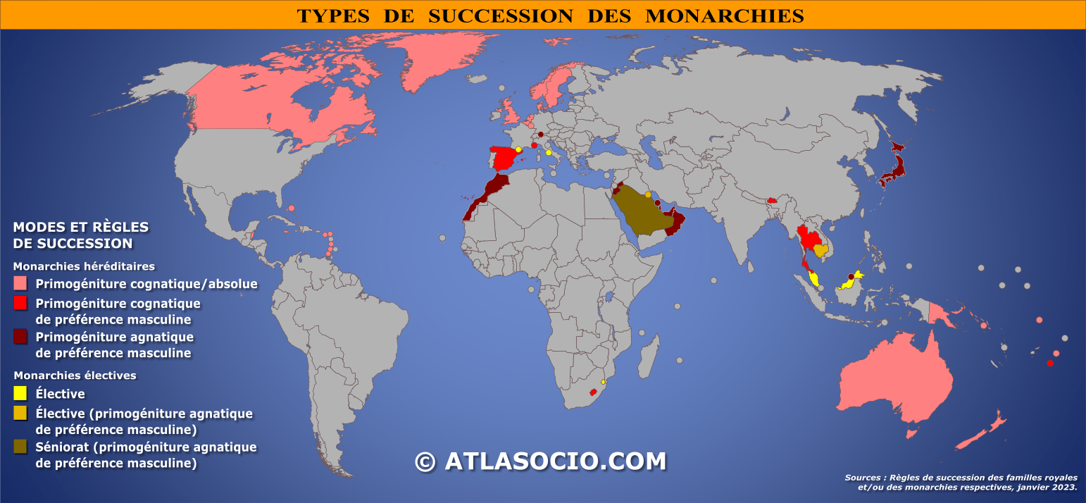 Carte du monde relative aux types de succession des monarchies