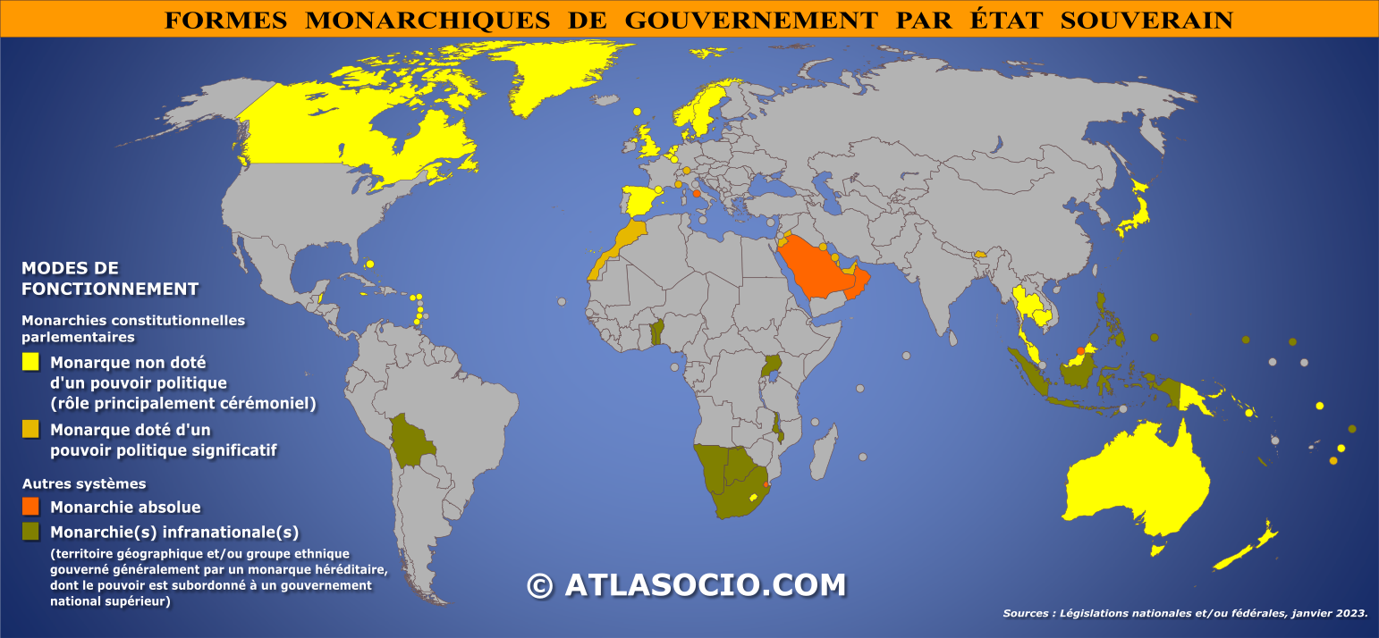 Carte du monde relative aux formes monarchiques de gouvernement selon les législations nationales et fédérales